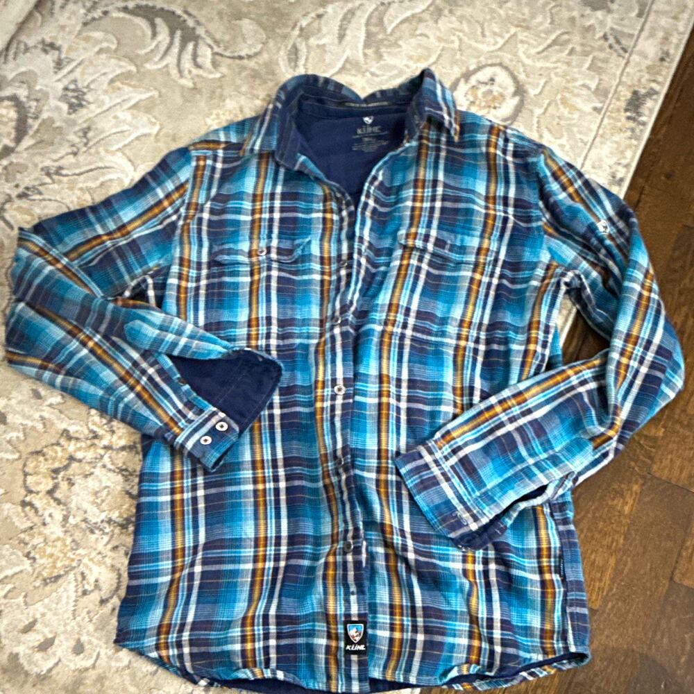 Kuhl Men's S Regular Blue Plaid Long Sleeve Button-Up Shirt Pockets